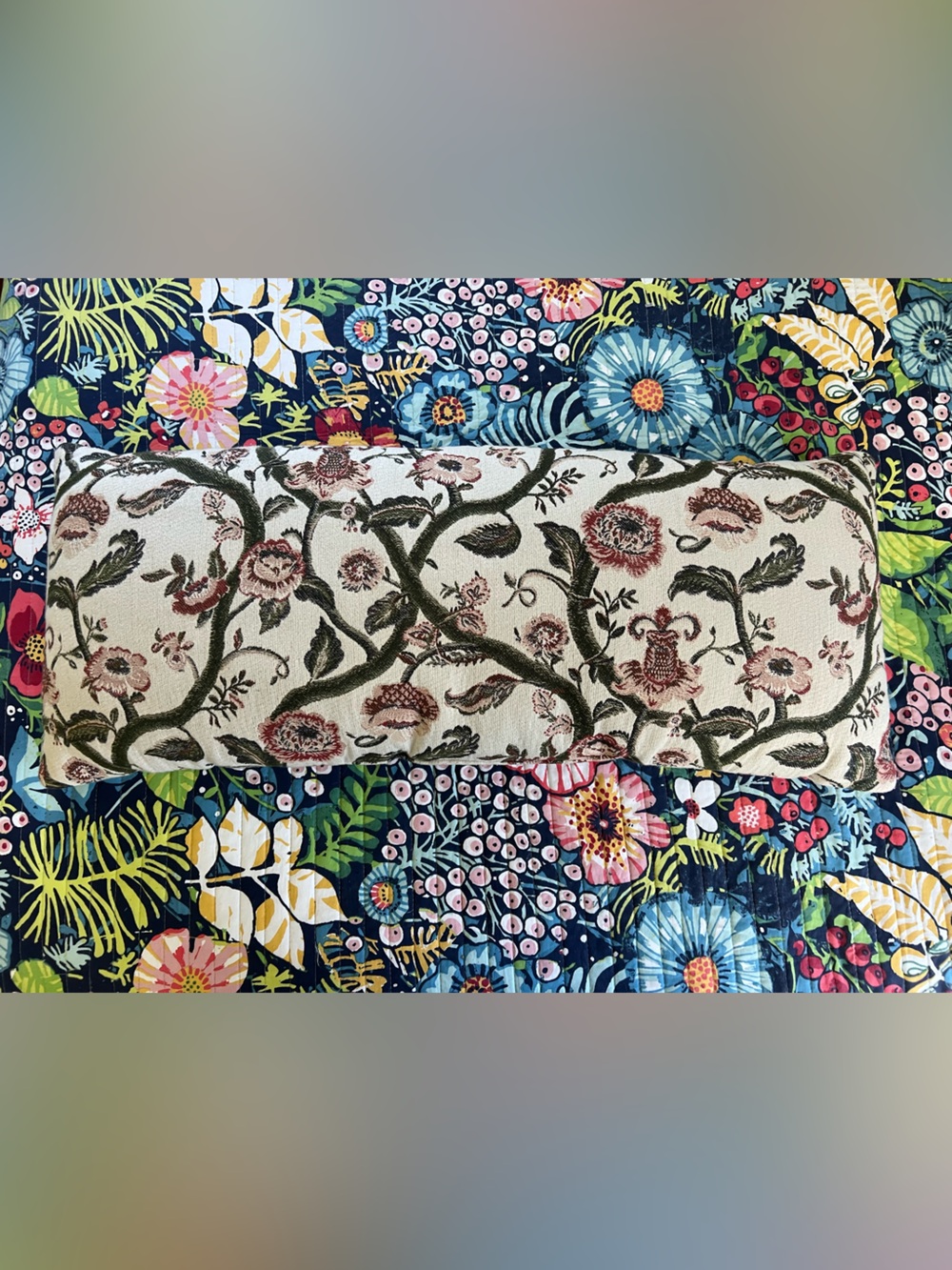 Embroidered Lumbar Pillow - Cream, Rose and Olive Floral Tapestry